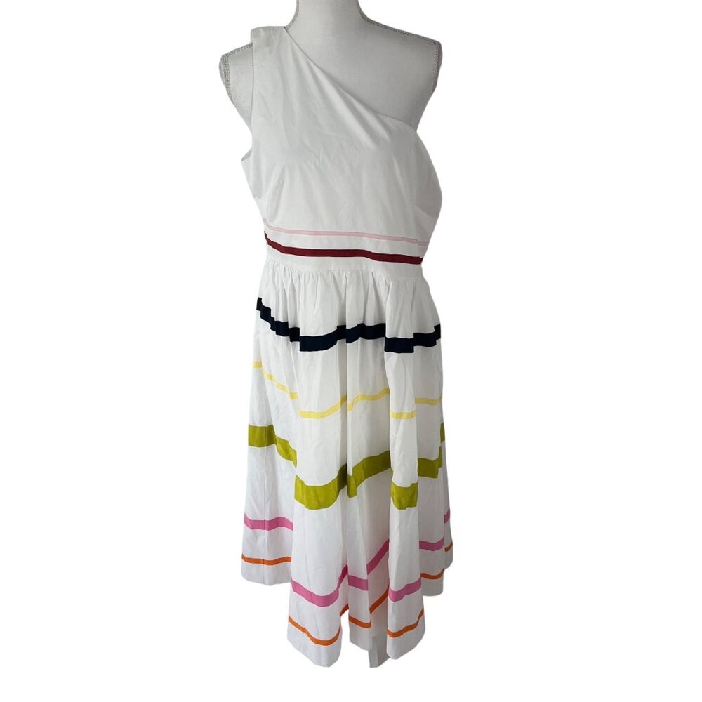J Crew Lisbon Dress Cotton Poplin White Stripes One Shoulder Midi AP215 Size 14